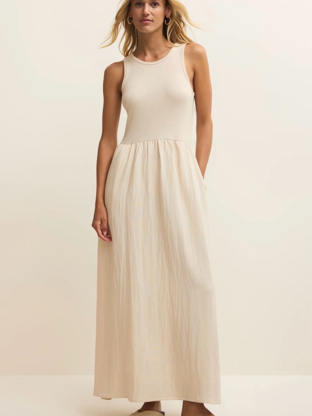 ZSupply Charlotte Rib Sleeveless Cream Bodice Midi Dress, NWT Large